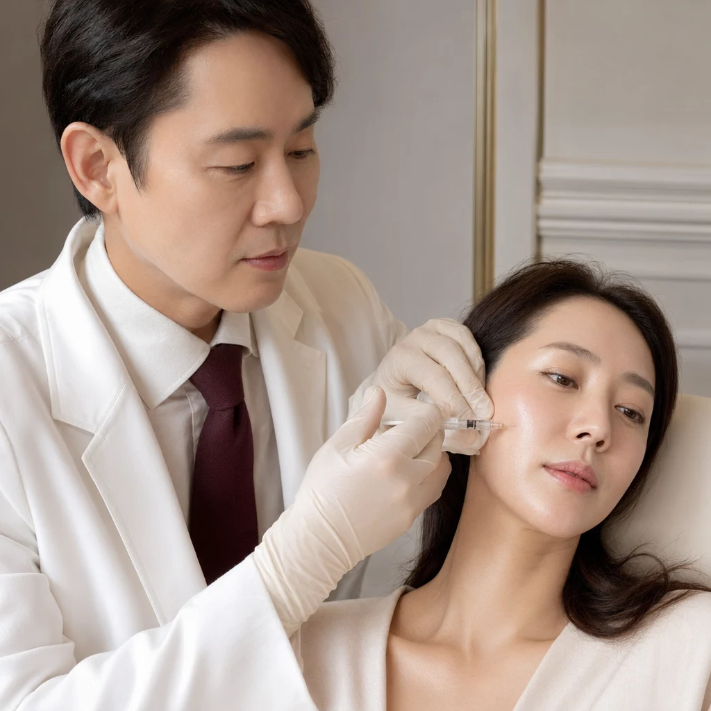 환자에게 정밀하게 메조 점주사를 진행하는 의료진 — 안면 전체에 0.1–0.2ml씩 분주
