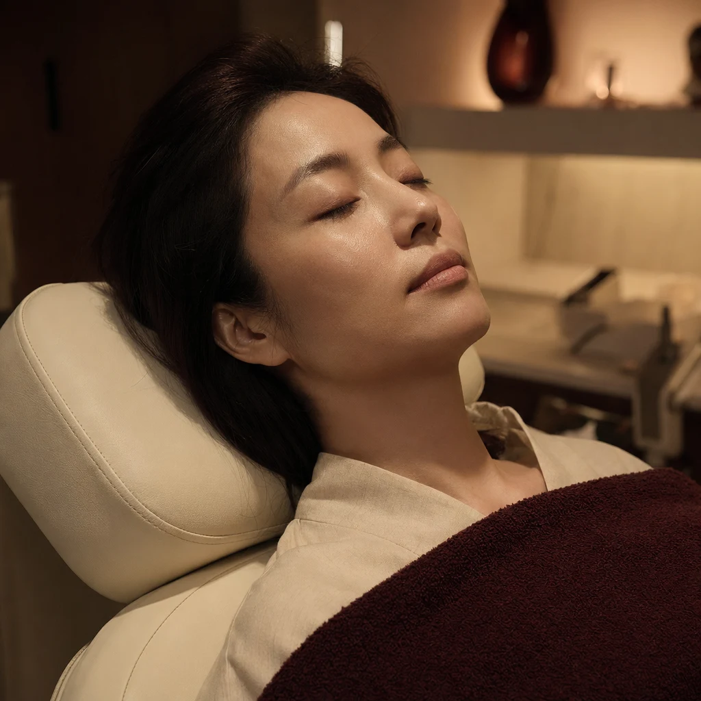 저녁 시간 클리닉 의자에 앉아 차분한 시술을 받는 여성 — 18:00–19:00의 정돈된 60분
