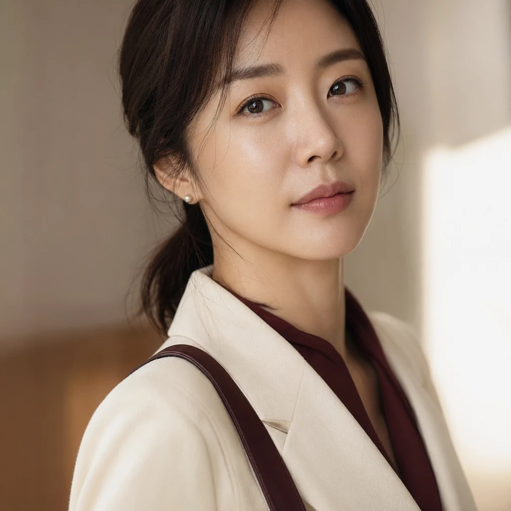 다음 날 아침 출근 전 자연스럽게 회복된 결의 클로즈업 포트레이트 — 저녁 시술이 만드는 다음 날의 차이