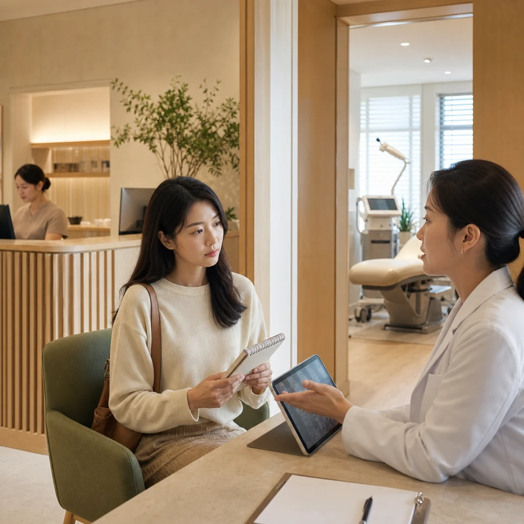 체크리스트를 들고 진료 환경을 살펴보는 환자