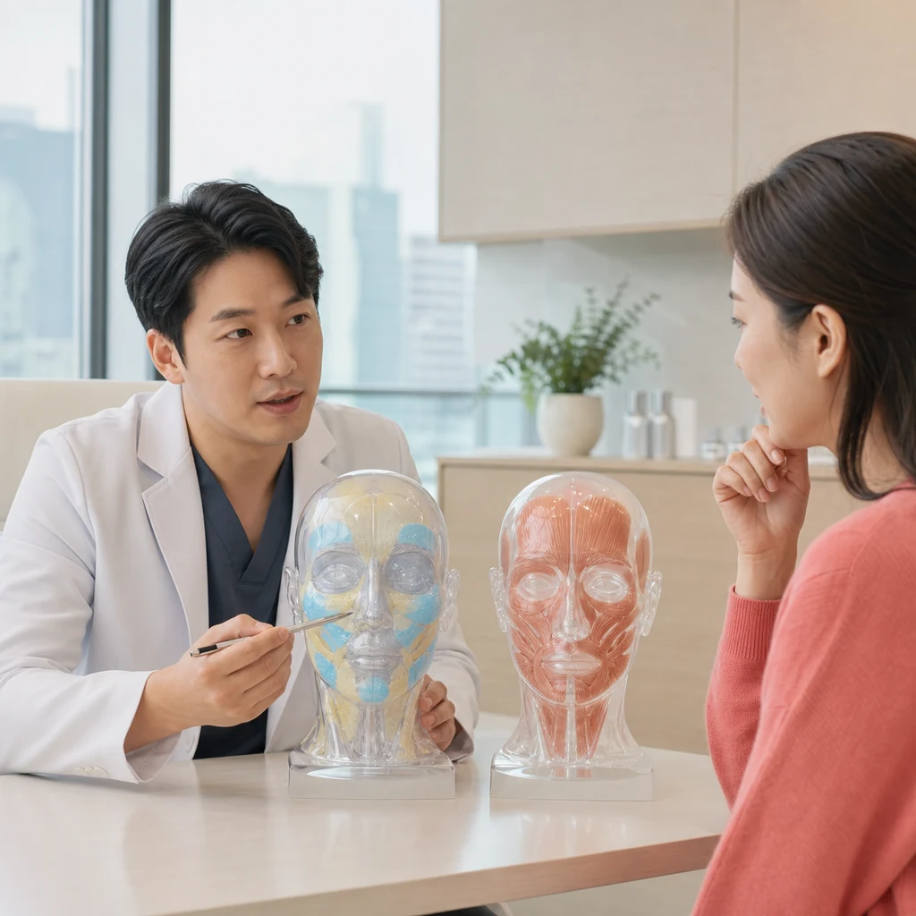 볼륨 모형과 근육 모형을 비교하는 필러·보톡스 상담
