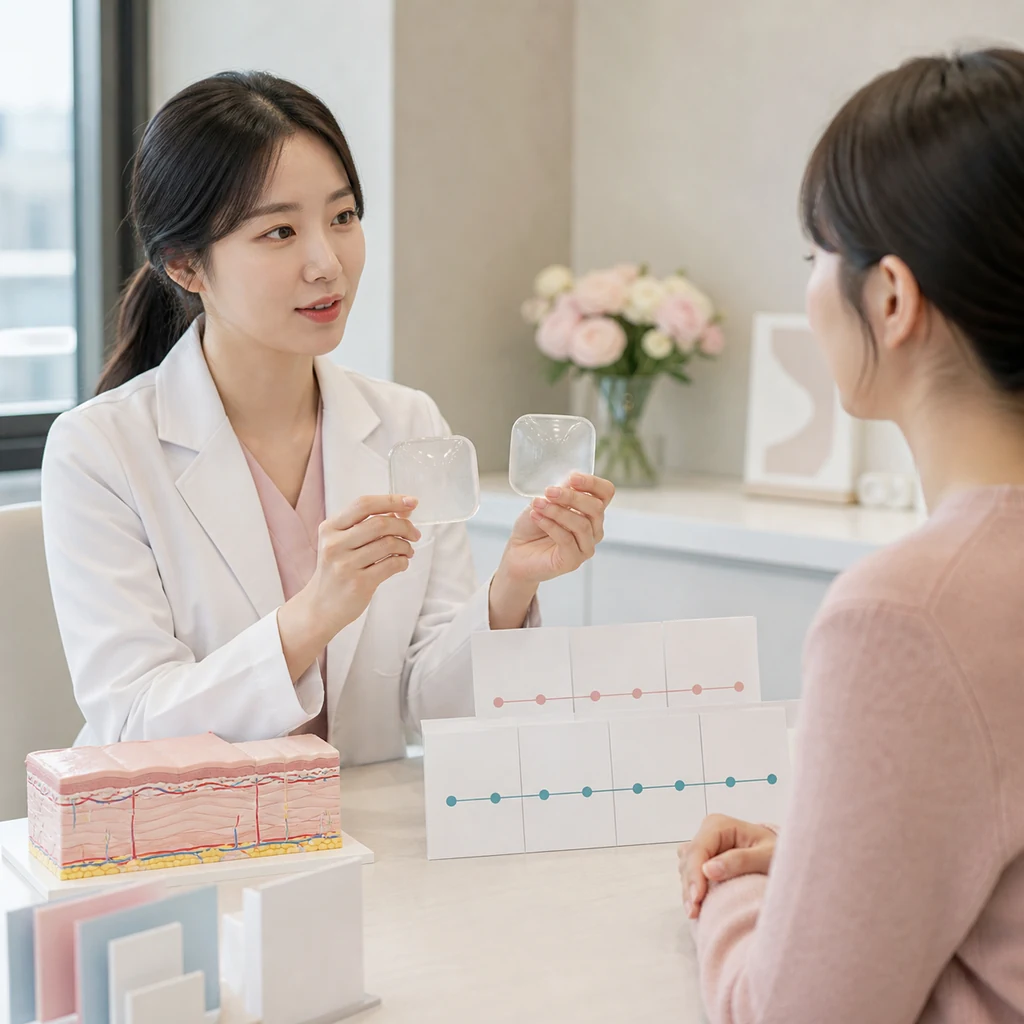 두 스킨부스터의 재질과 피부층을 비교하는 상담