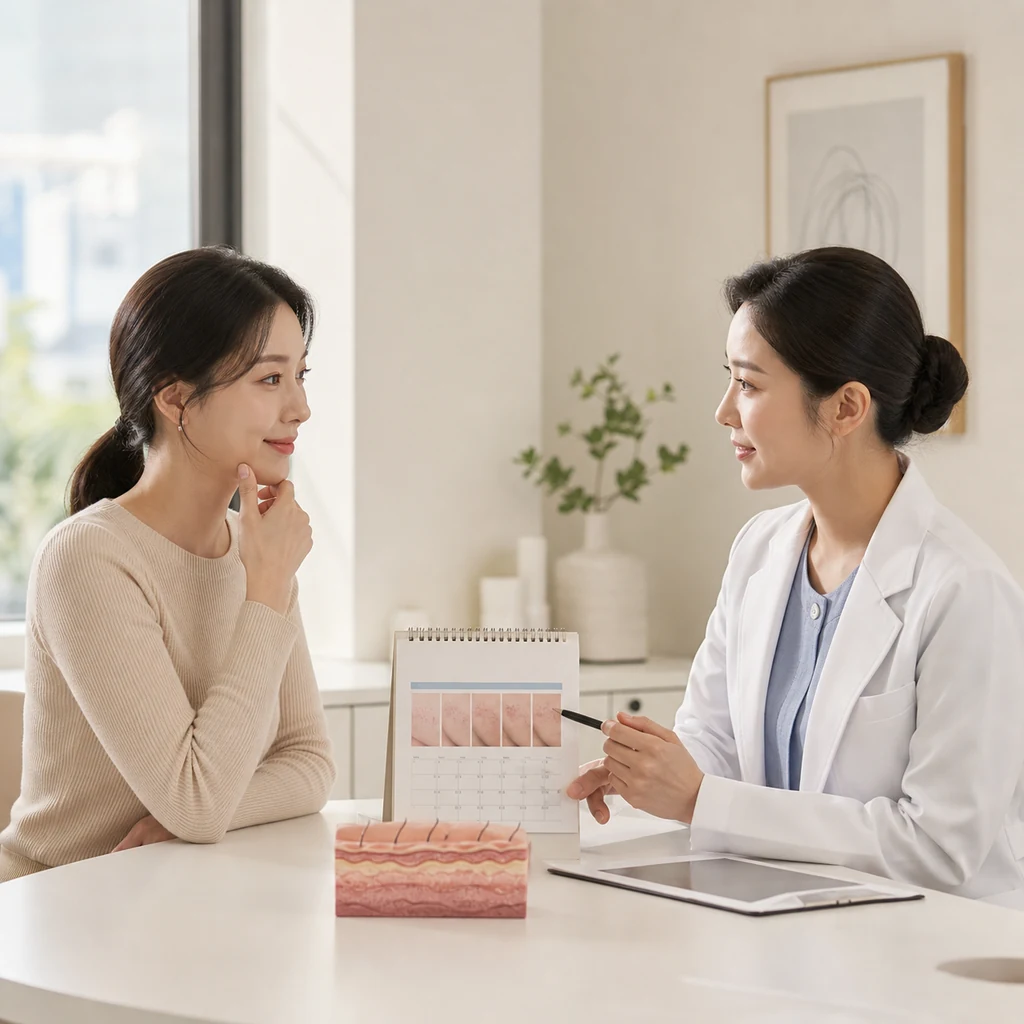 피부 단면과 회복 달력으로 리쥬란을 설명하는 상담