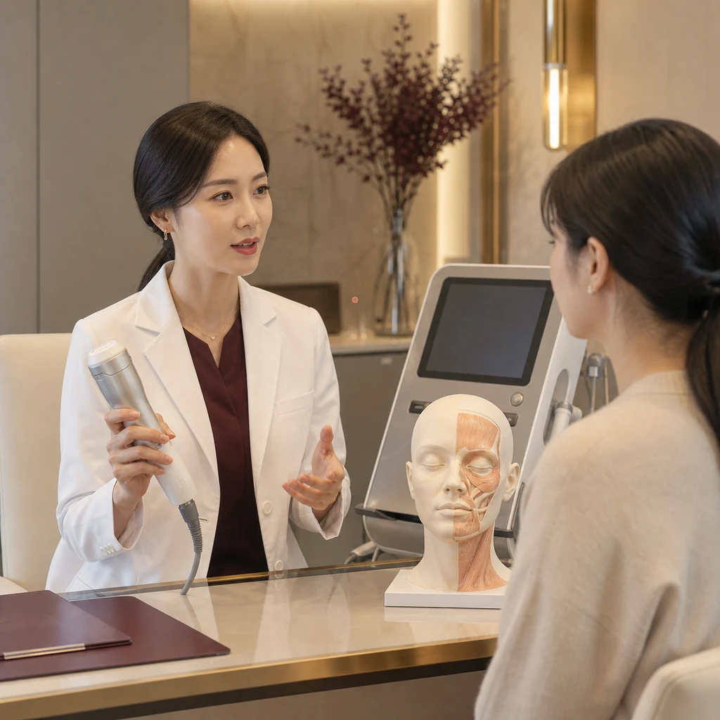 고주파 핸드피스와 얼굴 모형으로 원리를 설명하는 상담