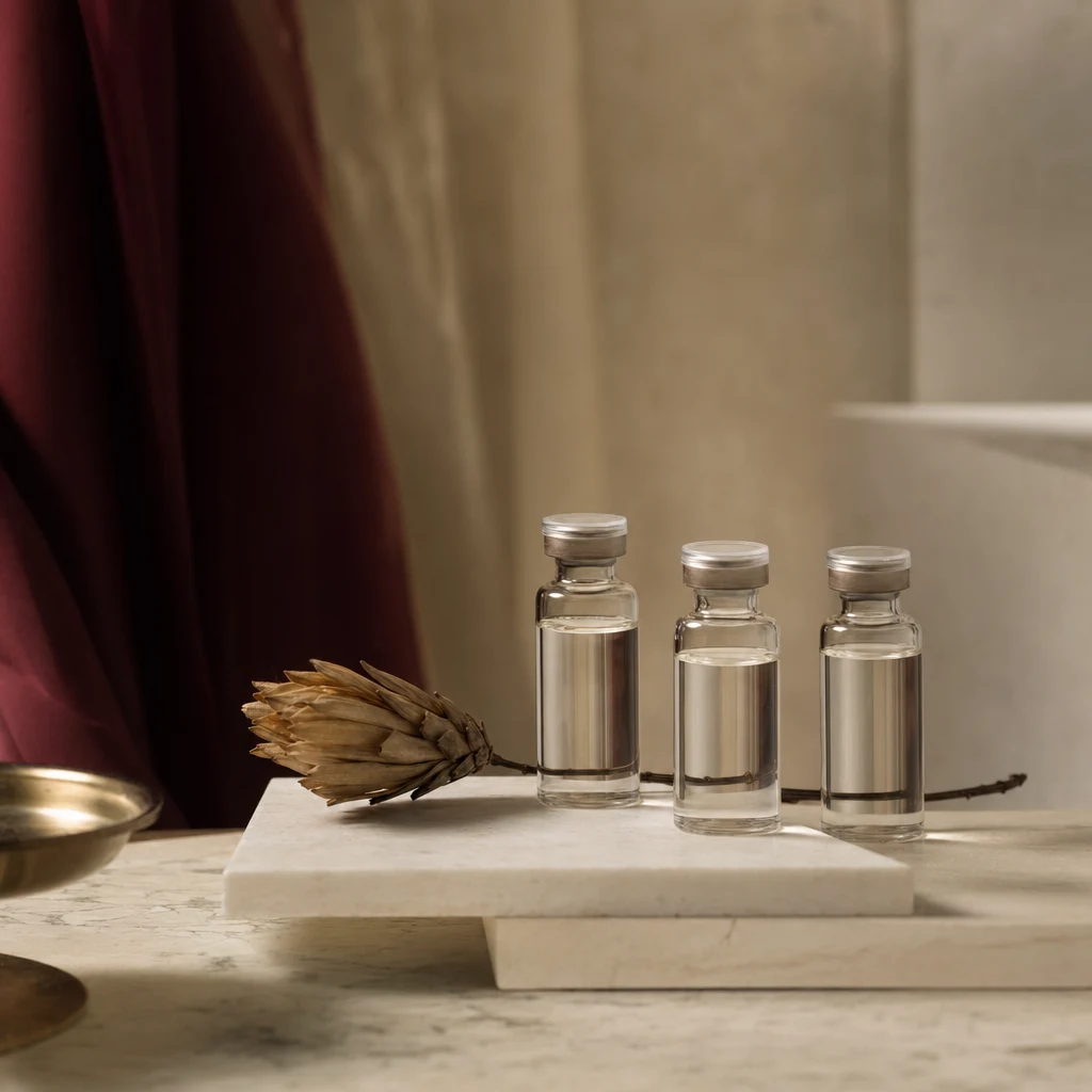 대리석 위에 놓인 라벨 없는 작은 바이알 세 개와 마른 식물 가지 — 엑소좀 시술의 정제된 분위기