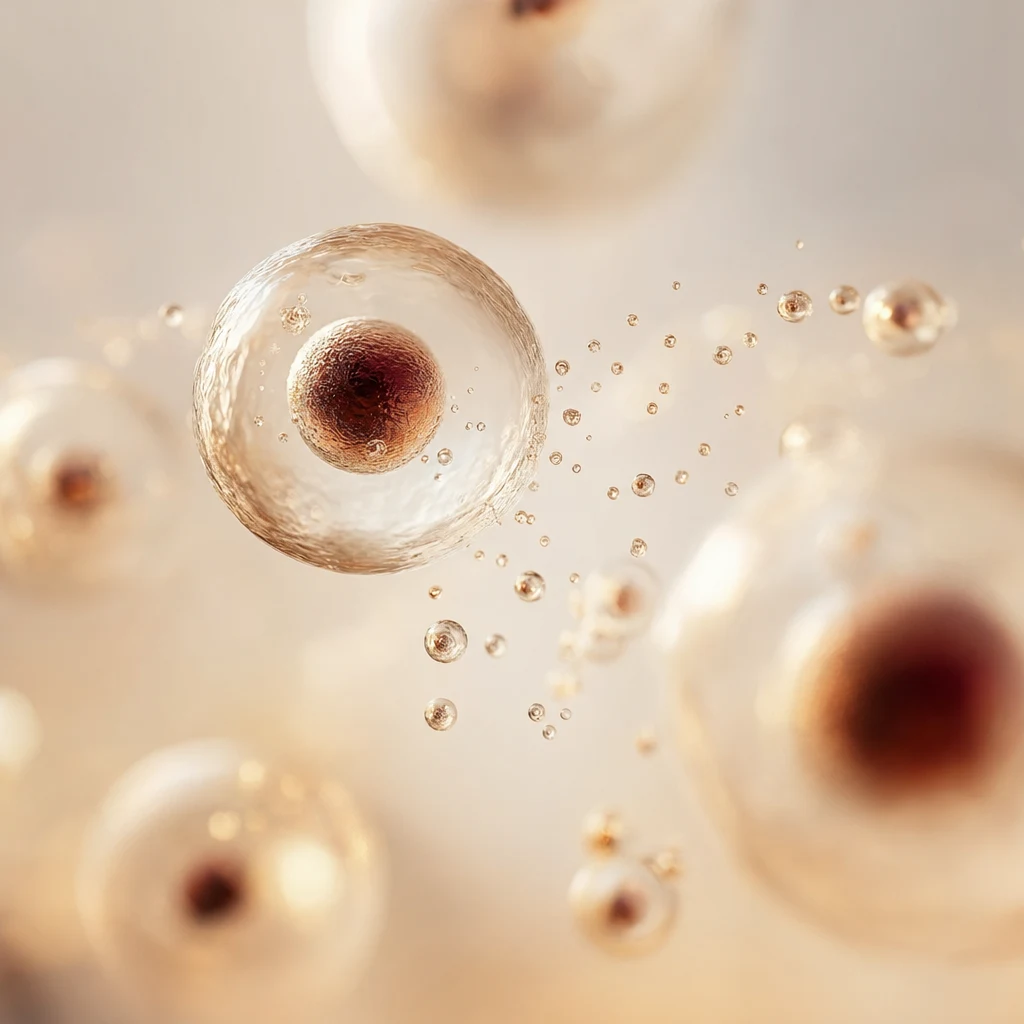 크림빛 그라데이션 위의 반투명한 구체들이 부드럽게 떠 있는 추상 매크로 — 세포 사이의 신호 전달을 형상화한 이미지