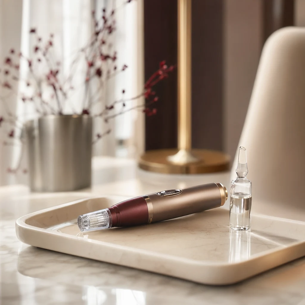 아이보리빛 트레이 위에 놓인 마이크로니들 디바이스와 앰플 — 두 가지 시술 방식 중 하나의 도구