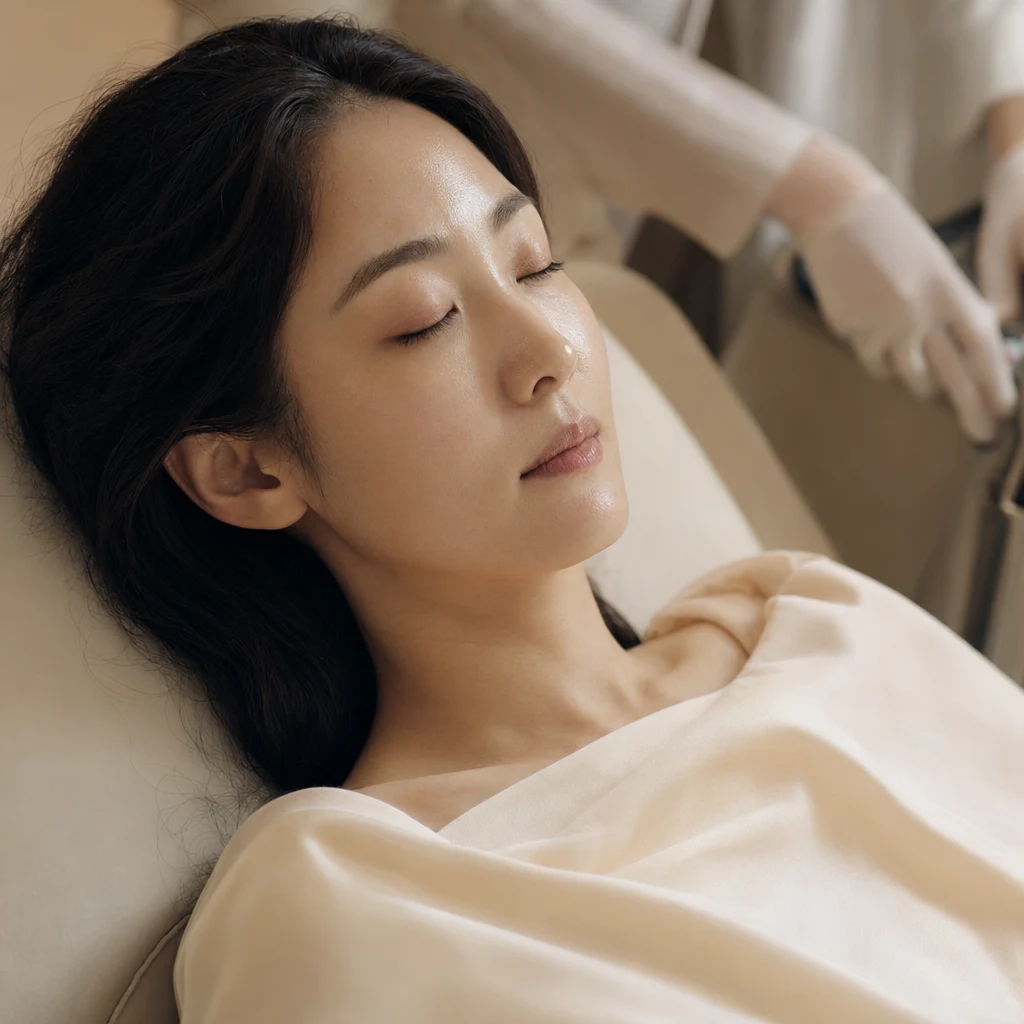 눈을 감고 시술 베드에 누워 있는 차분한 여성 — 엑소좀 시술의 평온한 회복 시간
