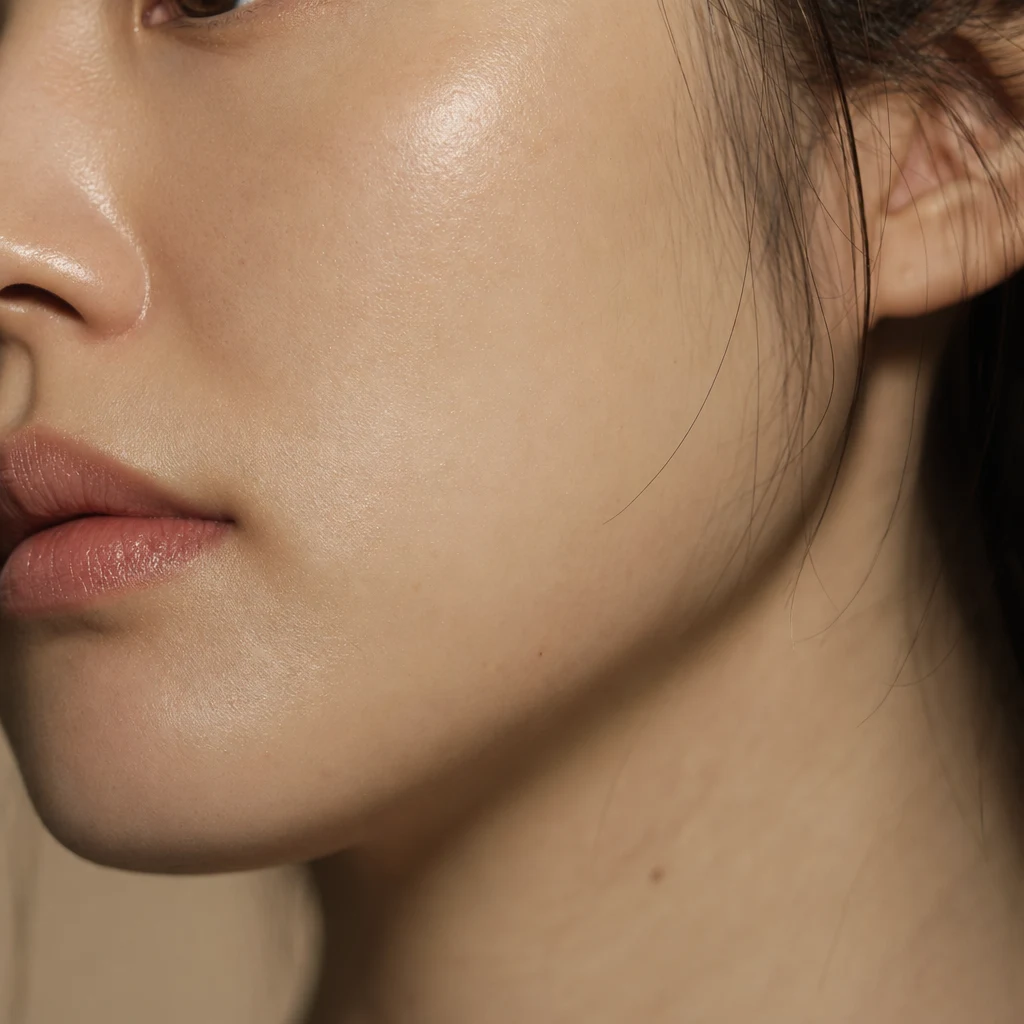 건강한 모공이 보이는 실제 볼 피부의 매크로 — 누적 시술 후 정돈된 결의 디테일