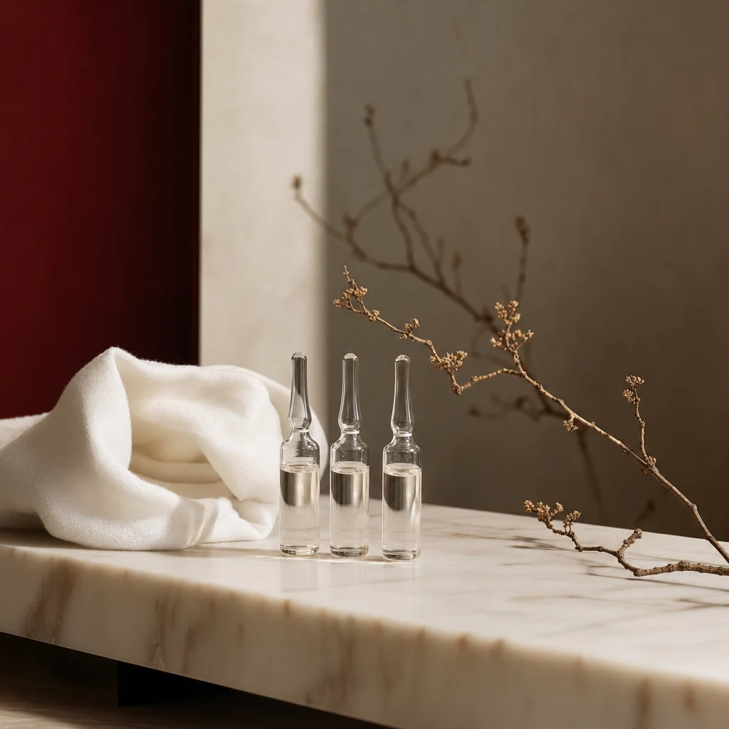대리석 위에 앰플 세 개와 시술용 천, 마른 가지 — 스킨부스터의 세 가지 주요 계열을 시각화한 정물
