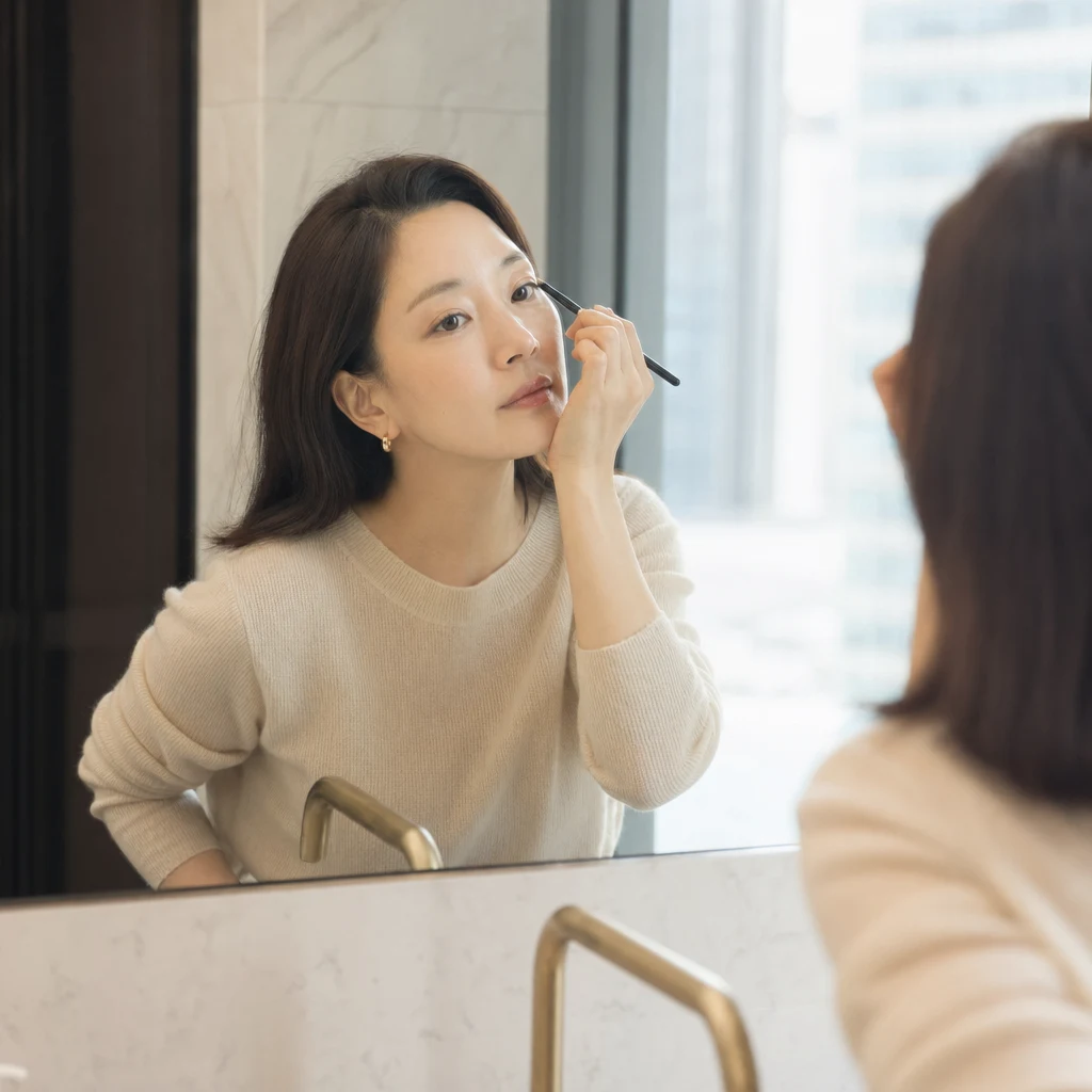 사무실 화장실 거울 앞에서 가벼운 메이크업을 다듬는 여성 — 시술 직후 자연스럽게 일상으로 복귀하는 순간
