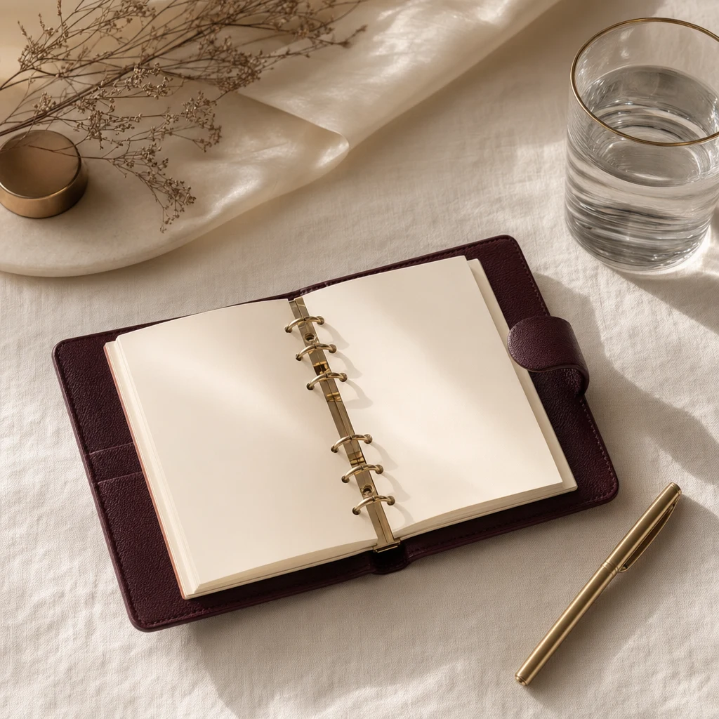 크림빛 리넨 위에 놓인 가죽 다이어리와 황동빛 펜 — 분기별로 짜는 시술 리듬의 차분한 도구