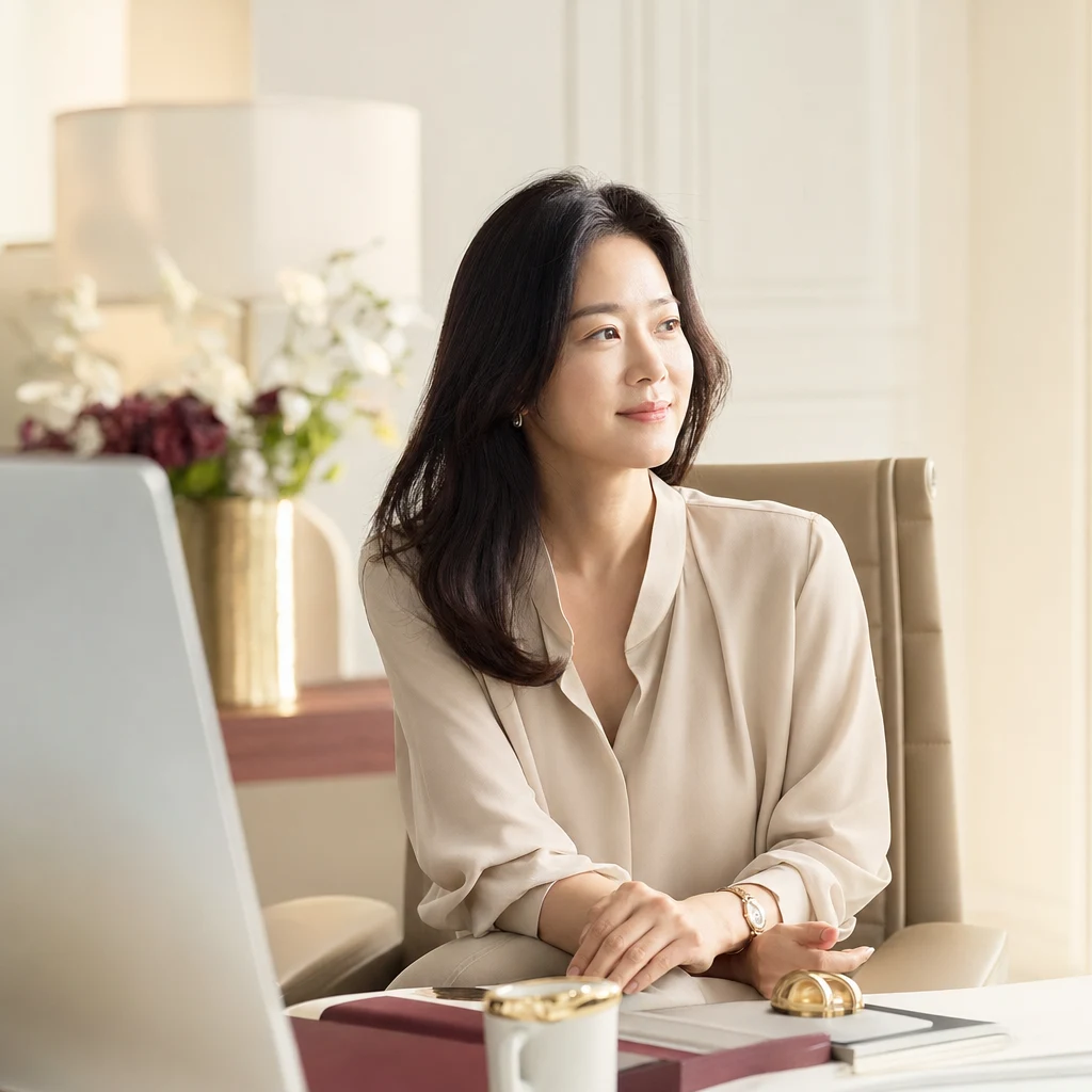 늦은 오후 사무실 책상에서 상쾌한 표정을 짓는 여성 — 점심시간 시술 후 이어지는 자연스러운 하루