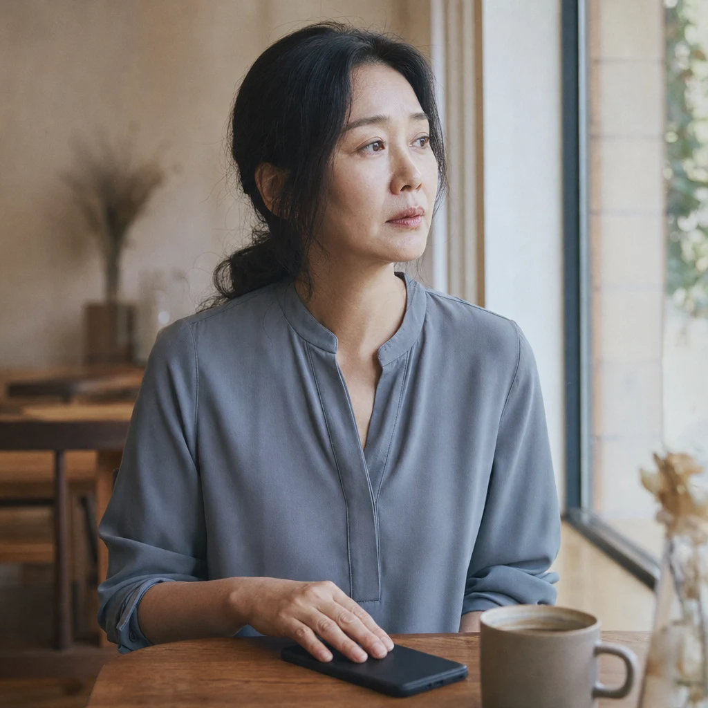 마리오네트 주름 결정을 앞두고 잠시 멈춰 생각하는 모습