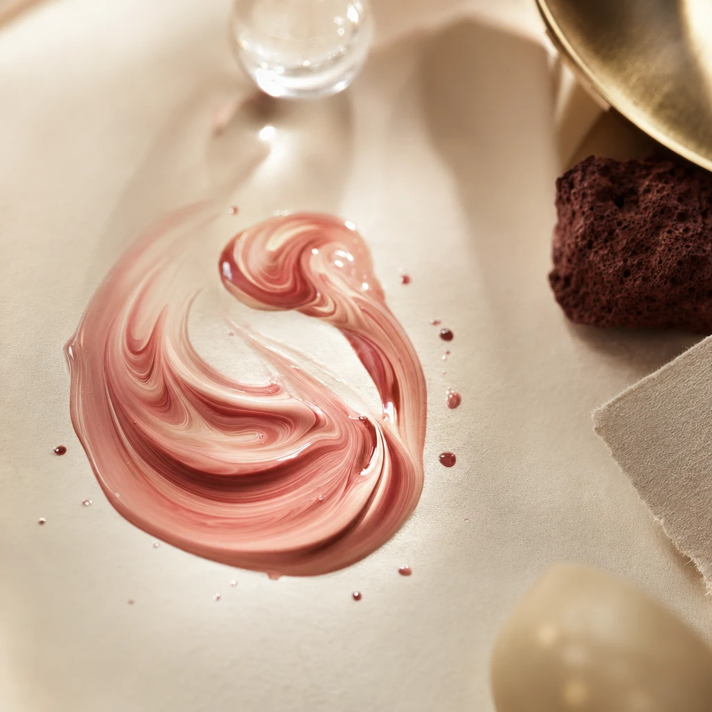 연어 핑크빛 액체의 추상적 매크로 — 세포 단위에서 일어나는 재생 신호를 시각화한 이미지