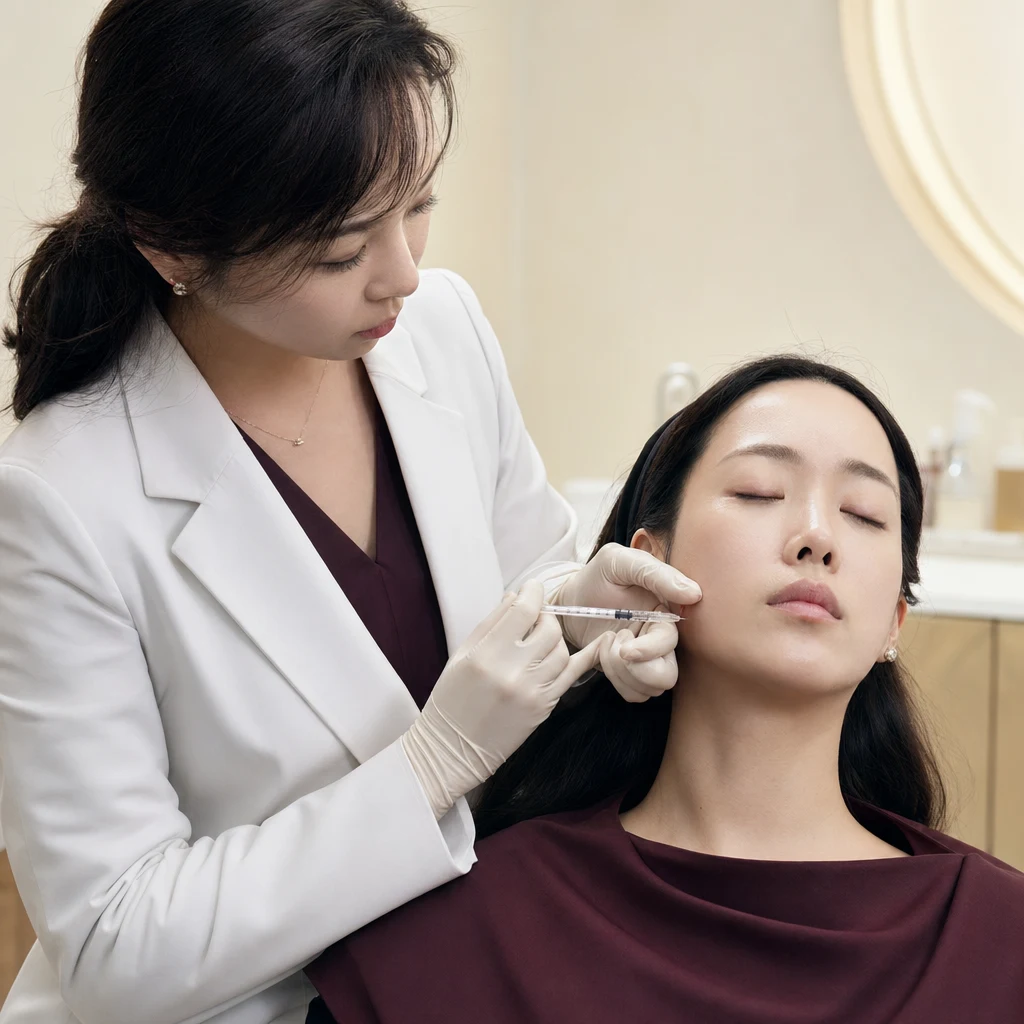 장갑 낀 손과 가는 시린지가 환자의 볼 가까이 있는 차분한 임상 장면 — PDRN 점주사의 정교한 손길