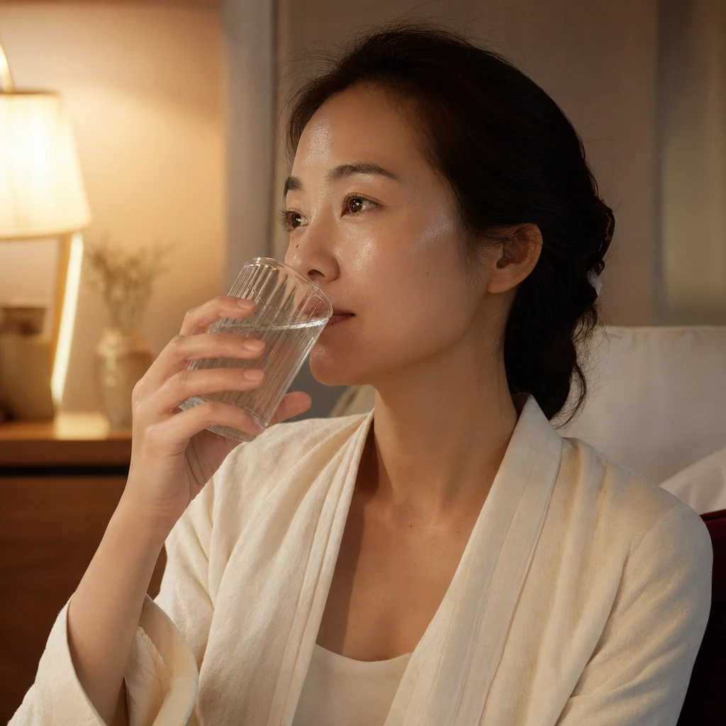 저녁 시간 집에서 따뜻한 물을 마시는 여성 — 시술 당일의 잔잔한 가정 케어 풍경