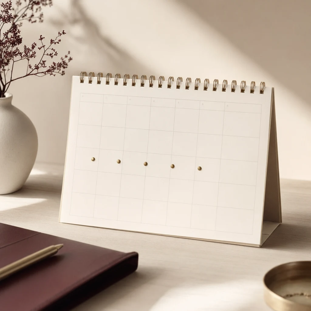 미니멀한 데스크 캘린더에 황동빛 점으로 시술 일정이 표시된 모습 — 4주 간격의 꾸준한 리듬