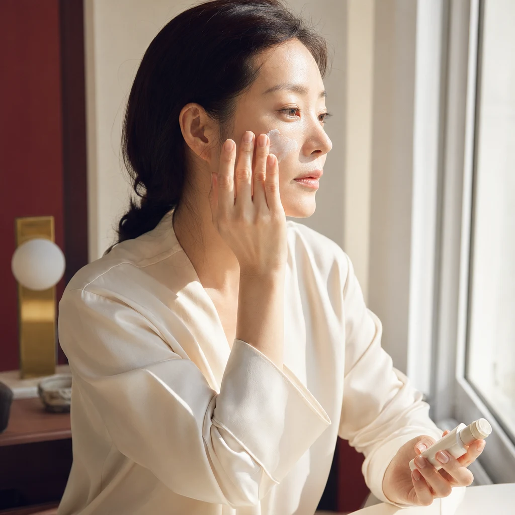아침 햇살이 들어오는 창가에서 자외선 차단제를 손등에 펴 바르는 여성 — 시술 후 4주의 매일 의식