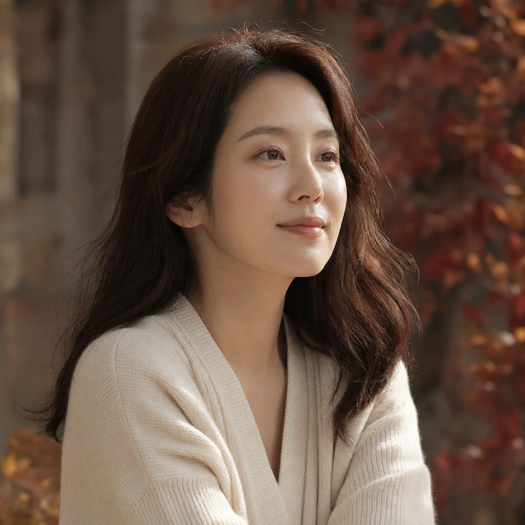 가을 오후의 야외에서 건강한 광채를 띠는 여성 — 8주 코스가 끝난 후의 안정된 톤