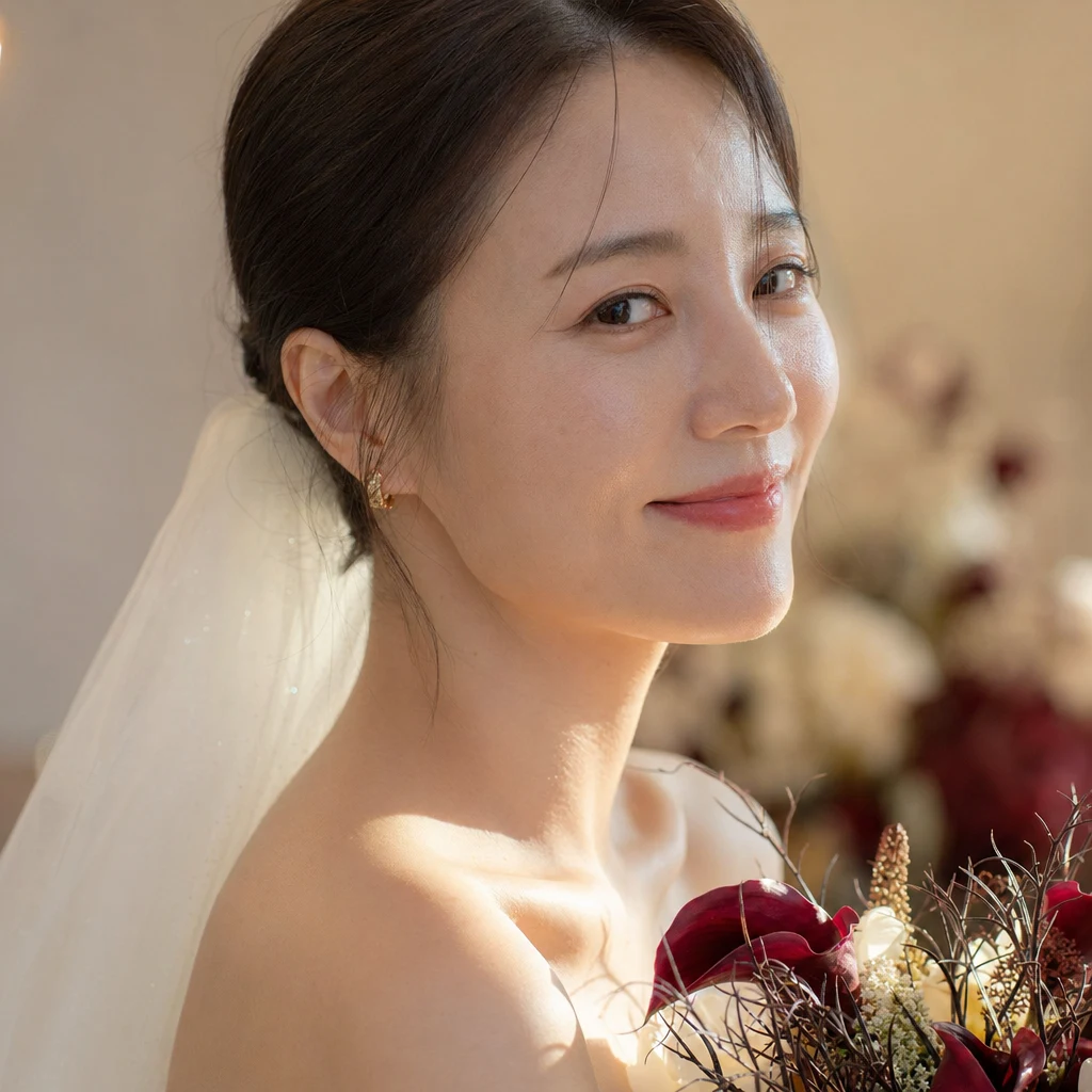골든아워의 부드러운 빛 속에서 베일이 흐릿하게 흐르는 신부 — 6개월 페이스의 결과