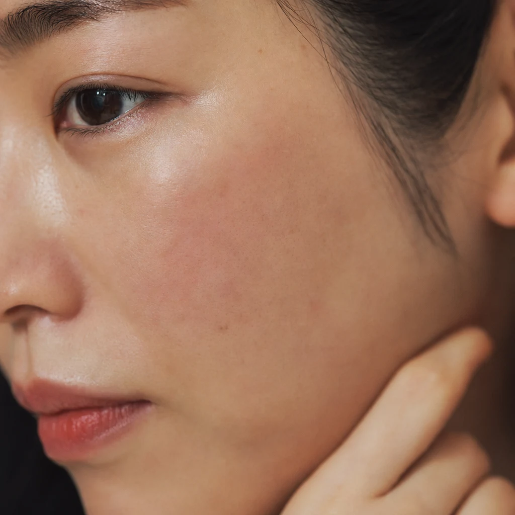 볼 부위의 미세한 홍조와 결을 보여주는 매크로 — 베리어가 약해진 민감성 피부의 전형적인 모습
