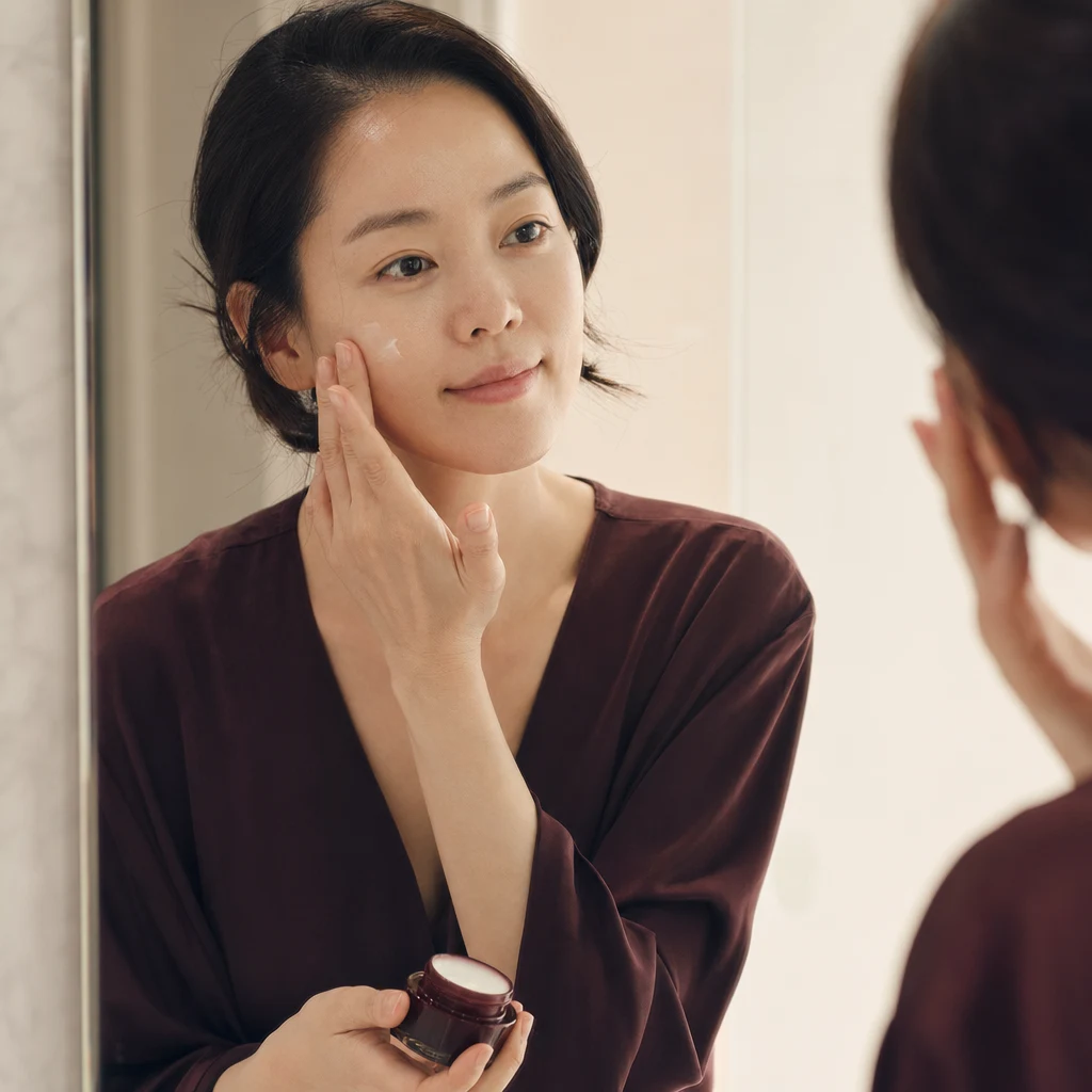 거울 앞에서 부드럽게 보습제를 두드려 흡수시키는 여성 — 클렌징 후 30초 안의 보습이 가장 중요