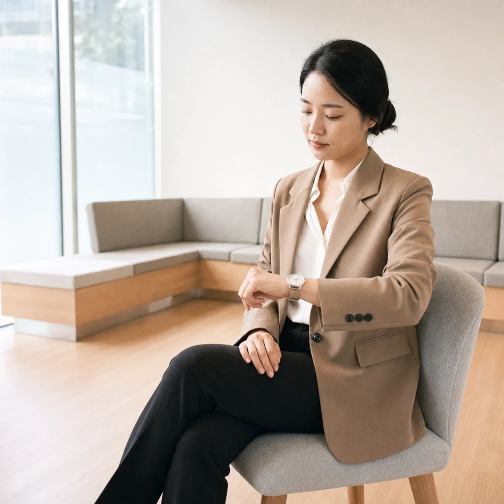 직장인 여성이 피부과 대기실에서 시계를 확인하는 모습