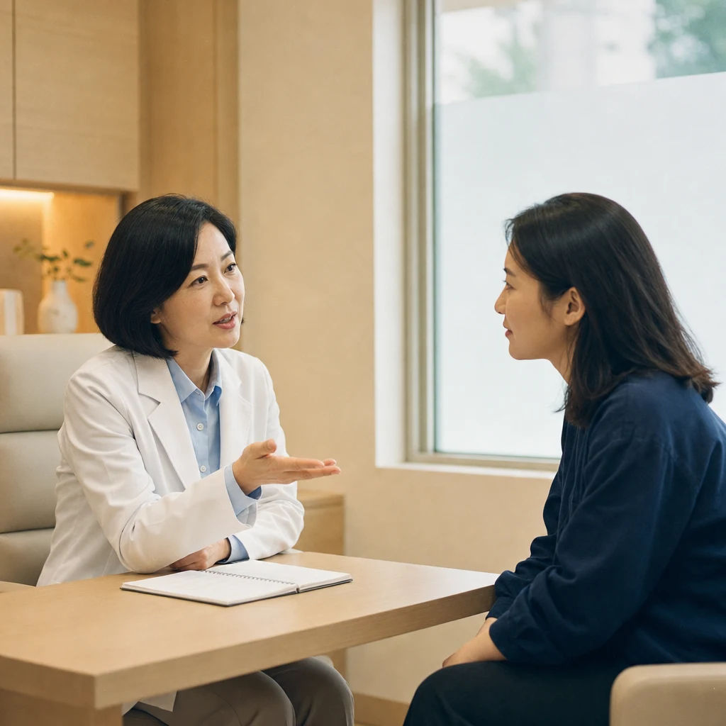 피부과 의사가 환자에게 시술 전 주의사항을 설명하는 상담 장면